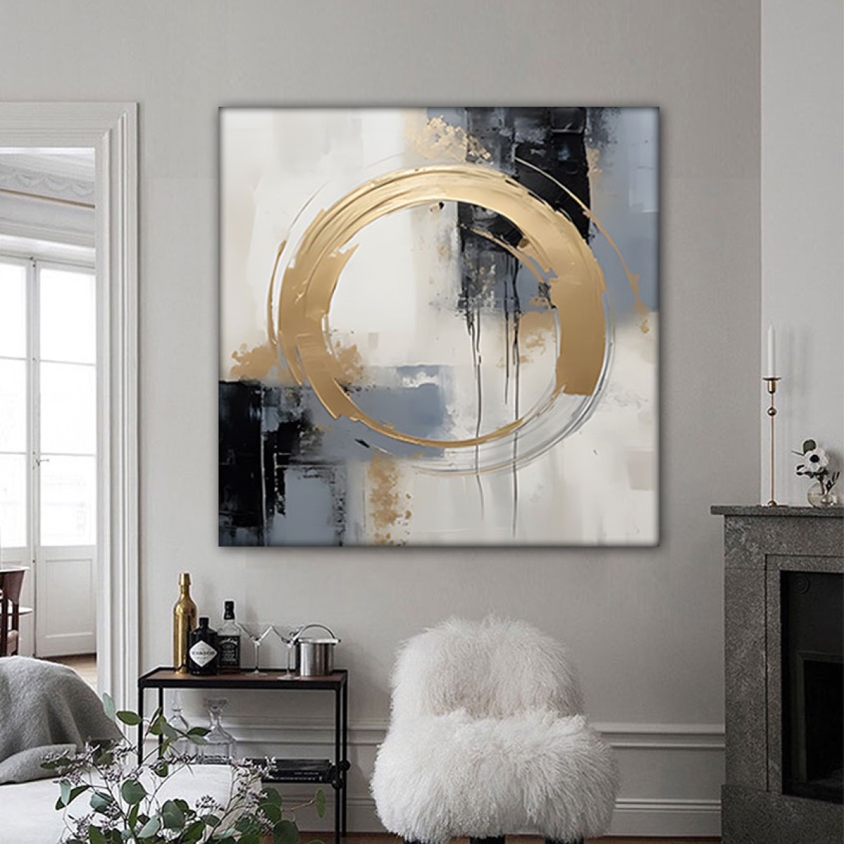 Gold Foil Circle Textured Partial Oil Painting - Wall Art